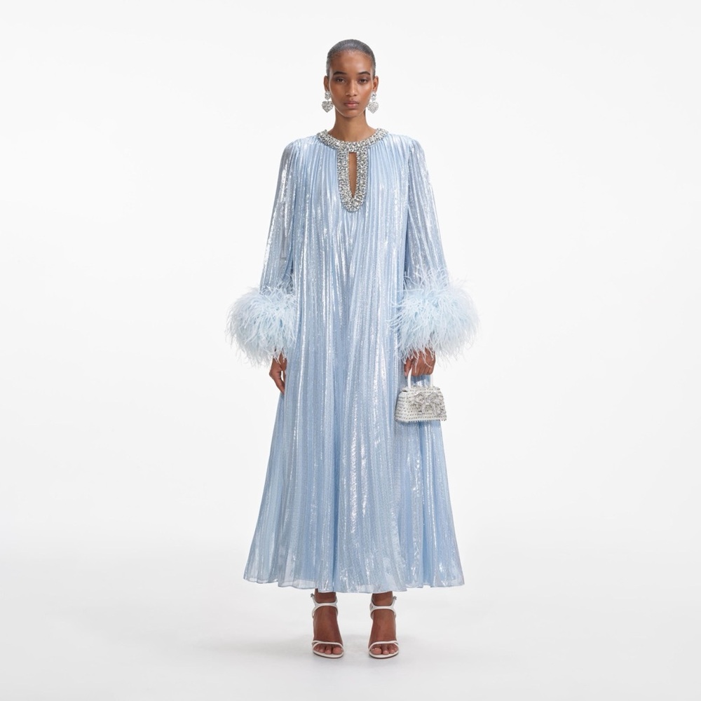 Metallic Self Portrait Rhinestone Dress Feather Blue